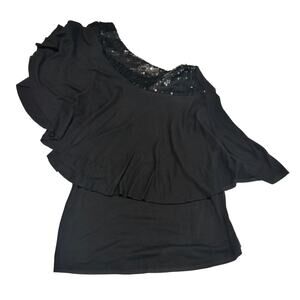 Chris & Carol Black Sequin Ruffle Top Size S Made USA Boutique Stretch